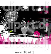 Vector Clipart of a Disco Ball with Headphones over a Record Player, with Pink Dots and Equalizer Bars by Elaineitalia