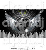 Vector Clipart of a Disco Ball with Wings, Headphones, Music Notes, Equalizer Bars, and a Burst over Black by Elaineitalia