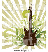 Vector Clipart of a Distressed Electric Guitar with Music Notes and Speakers over a Green Ray Background by OnFocusMedia