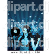 Vector Clipart of a Dj Girl Holding Record While Crowd of People Dance in Background by Dero