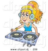 Vector Clipart of a Dj Girl Wearing Headphones and Mixing Records by Visekart