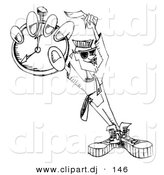 Vector Clipart of a Dj Guy Holding Pocket Watch - Black and White Outline by Andy Nortnik