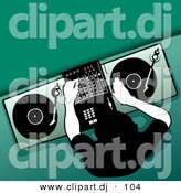 Vector Clipart of a DJ Mixing Record on Turntable While Adjusting Audio Settings - Green Background by Dero