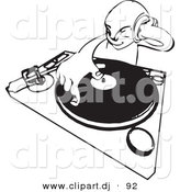 Vector Clipart of a DJ Mixing Records While Holding Headphone up to His Ear - Black and White Line Drawing by AtStockIllustration