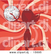 Vector Clipart of a Girl Dancing in Front of Red Swirl Background and a Disco Ball by Amanda Kate