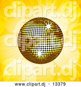 Vector Clipart of a Gold Disco Ball on Yellow Flares and Rays by Elaineitalia