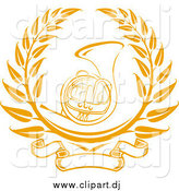 March 23rd, 2015: Vector Clipart of a Gold French Horn Instrument Surrounded by a Laurel Design with a Blank Banner Below by Vector Tradition SM