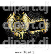 Vector Clipart of a Gold Winged Music Speaker on a Blank Black Text Box, Bordered by Gold Grunge with Gray Circles on Black by KJ Pargeter