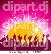 Vector Clipart of a Golden Disco Ball on a Pink Background with Dancers and a Burst of Stars by Elaineitalia