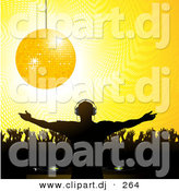 Vector Clipart of a Golden Disco Ball over Silhouetted Crowd and Party DJ by Elaineitalia