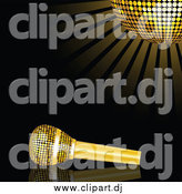 Vector Clipart of a Golden Microphone Resting on a Reflective Black Surface Under a Glowing Golden Mirror Disco Ball by Elaineitalia