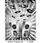 Vector Clipart of a Grayscale Background of Music Notes and Records Above Two Stereo Speakers on a Burst by KJ Pargeter
