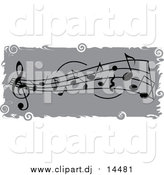 Vector Clipart of a Grayscale Music Notes Banner with Grungy White Borders and Swirls by Pams Clipart