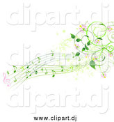 Vector Clipart of a Green Music Notes, Pink Flowers and Vines by Pushkin