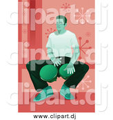 Vector Clipart of a Green Toned Man Sitting and Playing Bongo Drums, over Pink by Mayawizard101