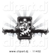 Vector Clipart of a Grunge Speaker over Black Dripping Bar with Circles, on a Bursting Grayscale Background by