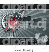 Vector Clipart of a Grungy Background of Drips, Speakers, Stars, Keyboards and a Red Disco Ball over Gray by Elena