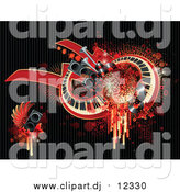 Vector Clipart of a Grungy Background of Splatters, Drips, Speakers, Wings, Stars, and Keyboards on Black by Elena
