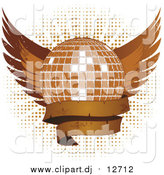 Vector Clipart of a Grungy Disco Ball with Wings and a Blank Banner over Halftone on White by Elaineitalia