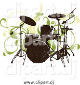 September 9th, 2014: Vector Clipart of a Grungy Drum Set and Green Vines on a White Background by OnFocusMedia