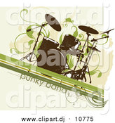 Vector Clipart of a Grungy Drum Set over a Beige Background with Green Lines and Vines by OnFocusMedia