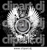 Vector Clipart of a Grungy White Wings Around a Circle Speaker on a Black Background with Faded Gray Circles by KJ Pargeter