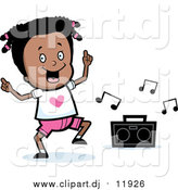 Vector Clipart of a Happy Black Girl Dancing to Music Box - Cartoon Style by Cory Thoman