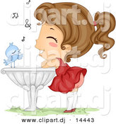 Vector Clipart of a Happy Cartoon Blue Bird Singing to a Girl Listening and Leaning Against a Bird Bath by BNP Design Studio