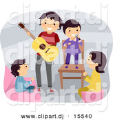 Vector Clipart of a Happy Cartoon Father Playing a Guitar Around Singing Kids by BNP Design Studio