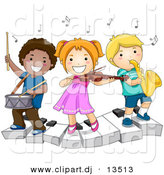 Vector Clipart of a Happy Kids Playing Instruments on a Keyboard - Cartoon School Version by BNP Design Studio