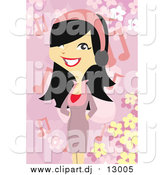February 26th, 2016: Vector Clipart of a Happy Woman Listening to Music over Pink Floral by Mayawizard101