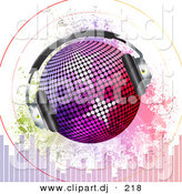 Vector Clipart of a Headphones on Disco Ball with Sound Signals over Grunge Equalizer Bars by Elaineitalia