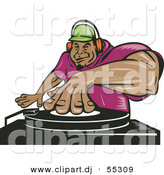 Vector Clipart of a Hispanic Cartoon Male Dj Mixing Records While Listening Through Headphones by Patrimonio