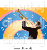 Vector Clipart of a Man Playing a Trumpet Against Orange, Pink and Blue Music Note Arches by Mayawizard101