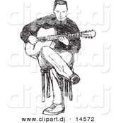 Vector Clipart of a Man Playing Guitar While Sitting in Chair - Black and White Pencil Sketch Art by Any Vector