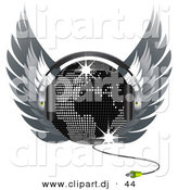 Vector Clipart of a Map Disco Ball Wearing Headphones and Wings by Elaineitalia