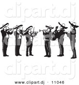 Vector Clipart of a Mariachi Band Playing Violins, Trumpets and Guitars in Mexico - Black and White Version by David Rey