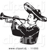 Vector Clipart of a Mariachi Man Wearing a Sombrero While Playing a Trumpet - Black and White Version by David Rey