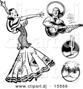Vector Clipart of a Mexican Flaminco Dancer - Digital Collage - Retro Black and White Version by BestVector