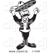 Vector Clipart of a Mexican Mariachi Man Wearing a Sombrero While Dancing - Black and White Version by David Rey