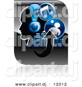 Vector Clipart of a Music Icon of a Person Wearing Headphones, Arrows, Equalizer, and Music Notes - Blue and Black Version by