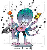 Vector Clipart of a Musician Octopus Playing a Keyboard, Maraca, Tambourine, and Triangle by Dennis Holmes Designs