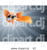 Vector Clipart of a Orange Winged Record Player with Blank Banner over Bursting Gray Background by Elena