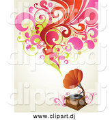 Vector Clipart of a Phonograph Playing Music, Shown As Red, Pink and Green Circles, Flowers and Leaves over an off White Background by OnFocusMedia