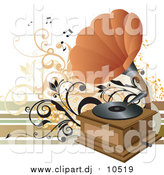 Vector Clipart of a Phonograph with an Orange Cone, Playing Music on a Vinyl Record by OnFocusMedia
