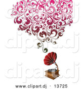 Vector Clipart of a Phonograph with Floral Distressed Waves by OnFocusMedia