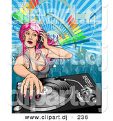 Vector Clipart of a Pink Haired Dj Girl Mixing a Record by AtStockIllustration