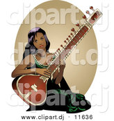 Vector Clipart of a Pretty Indian Lady Playing a Sitar Instrument by R Formidable