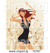 Vector Clipart of a Pretty Young Woman in a Little Black Dress, Dancing with Headphones over Her Ears by OnFocusMedia