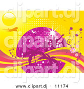 Vector Clipart of a Purple Disco Ball Surrounded by People, Flowers and Palm Trees with an Airplane and Butterflies on a Yellow Background by Elaineitalia